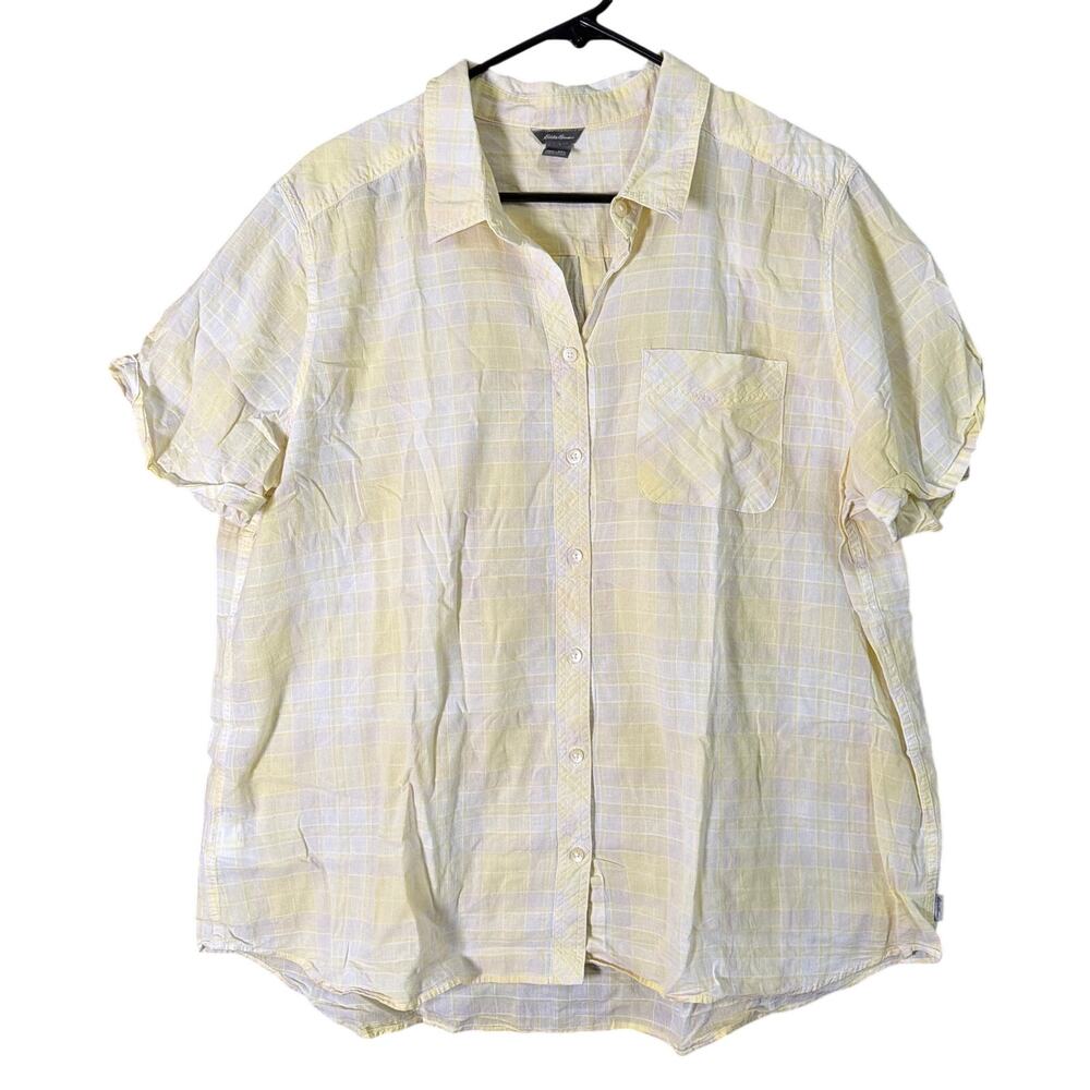 Eddie Bauer Womens Shirt Yellow White Plaid Collared Button Down Stretch 2XL
